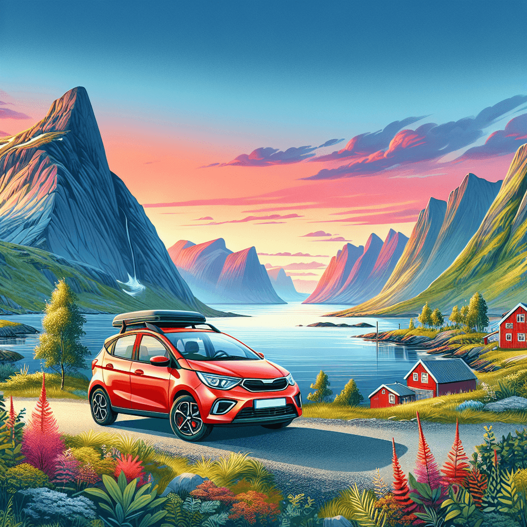 City car with Leknes landscape, mountains, fjords and sunset