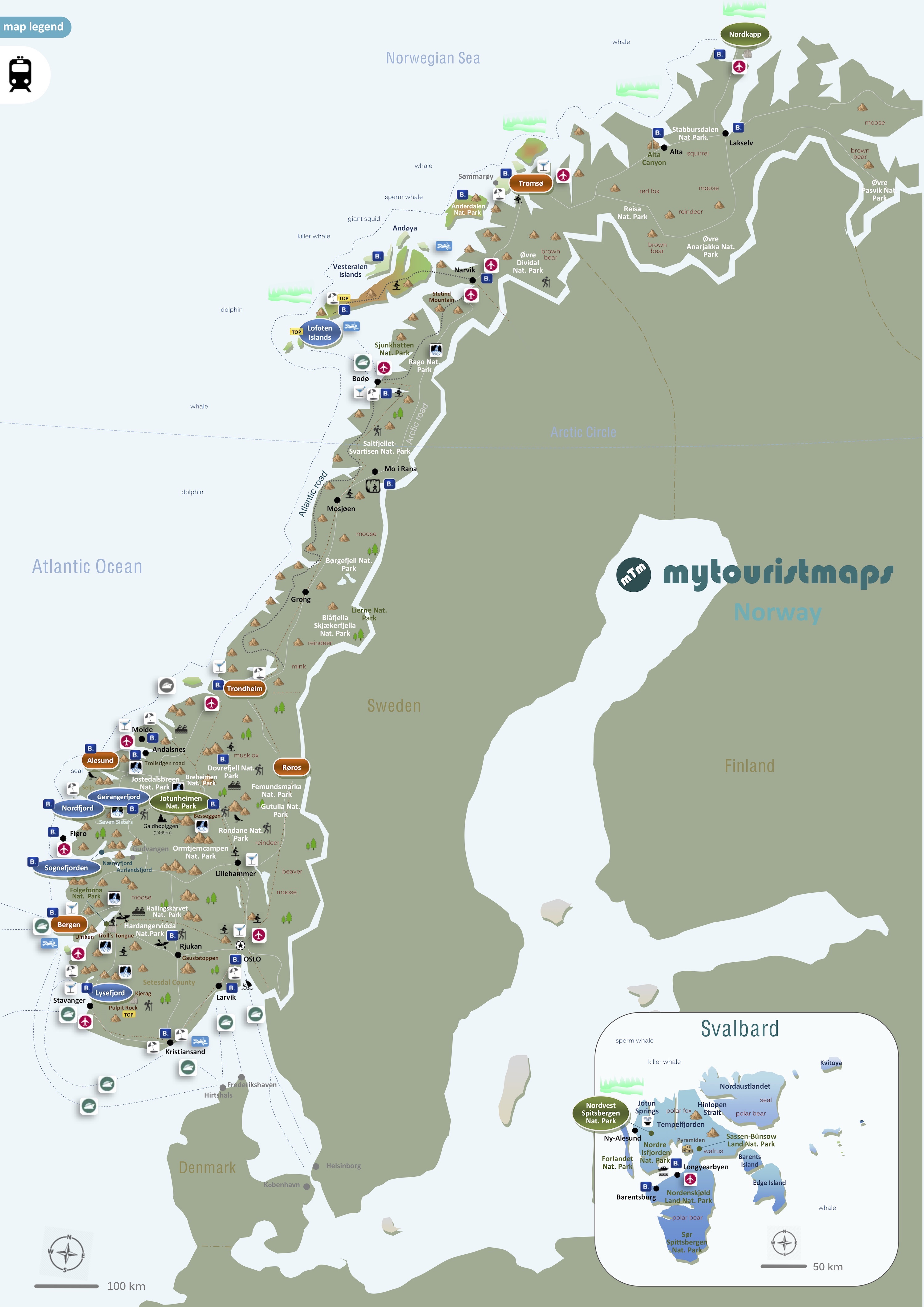 Mapa turístico de Noruega con atracciones, parques nacionales y fiordos