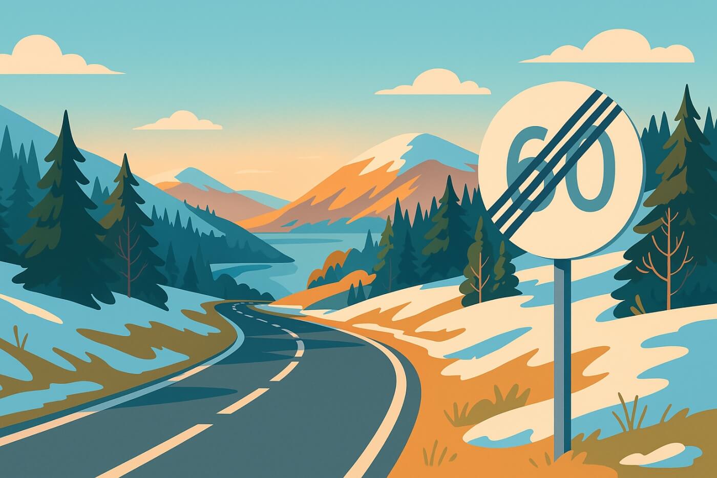 Ende der 60-km/h-Zone an norwegischer Landstraße in leicht winterlicher Landschaft.