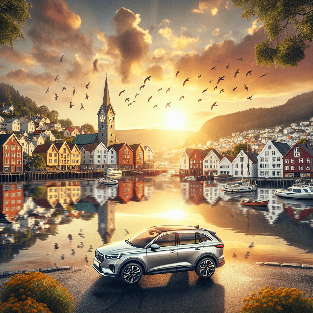 City car in Arendal seascape with a setting sun