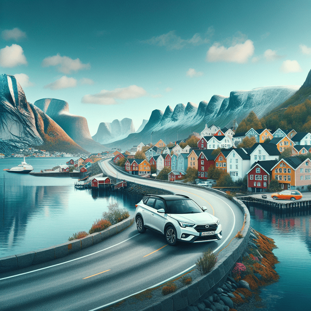 Auto in città, case colorate, montagne Romsdal, fiordo sereno