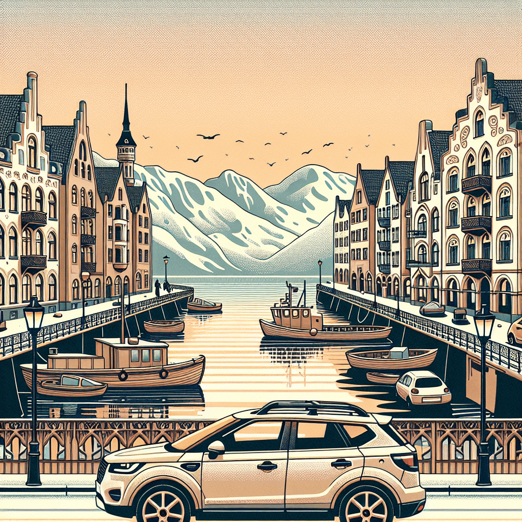 Stadt Auto, Ålesund Gebäude, schneebedeckte Berge, Meer, Fischerboote