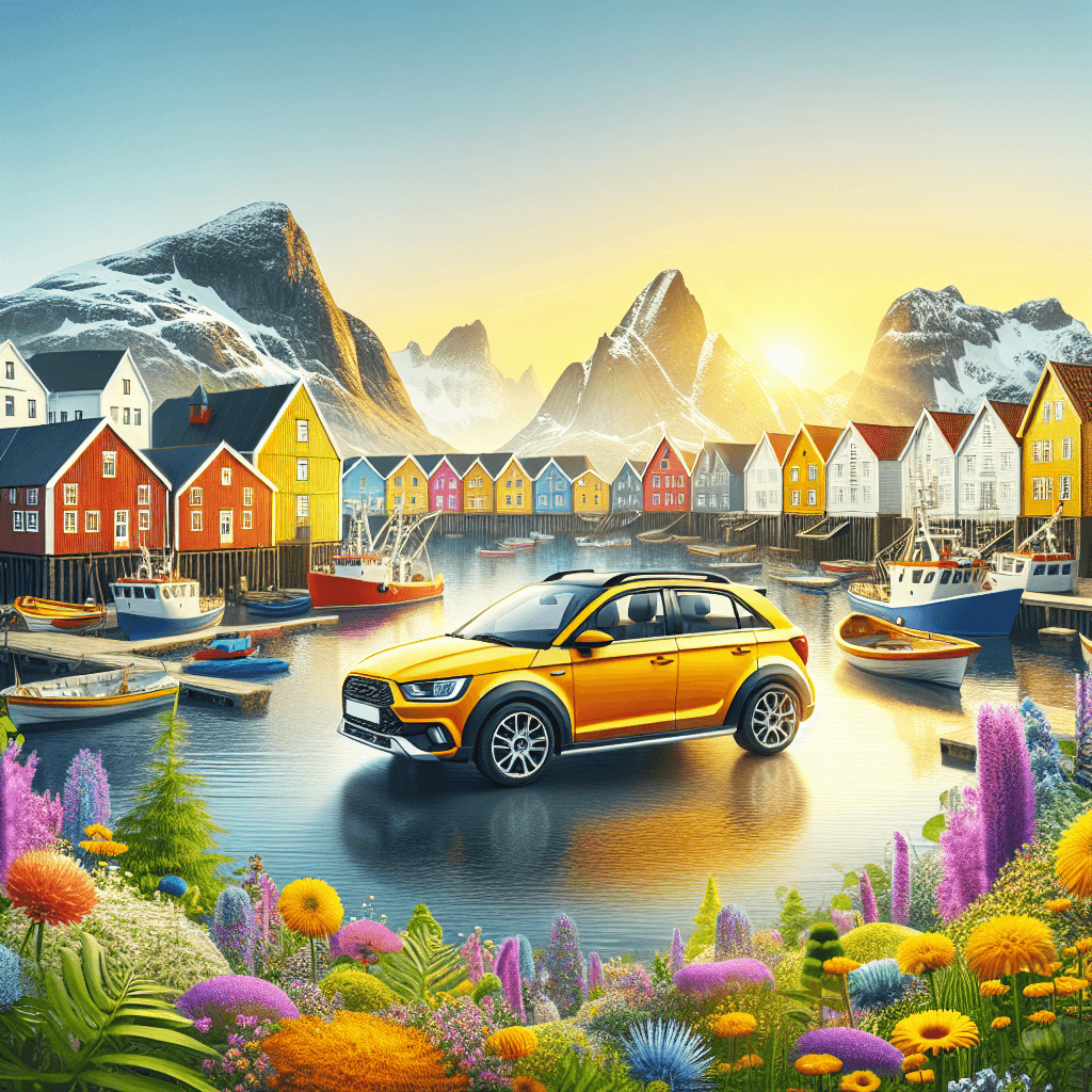 Auto colorata tra fiori selvatici e paesaggio tipico di Bergen
