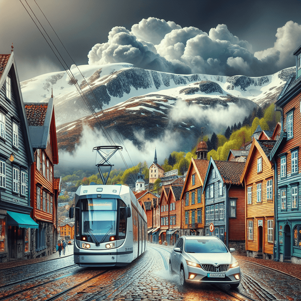Coche urbano en paisaje de Bergen con tranvía y montañas