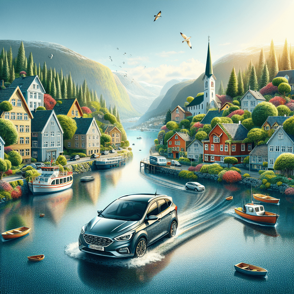 City car, colorful houses, sparkling river, Drammen