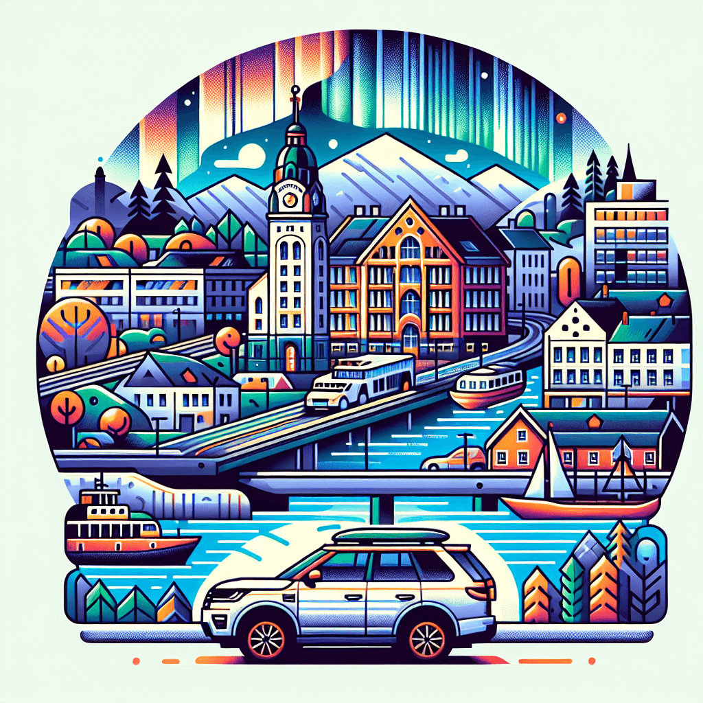Stadtauto in buntem Drammen, zwischen Gebäuden und Nordlicht