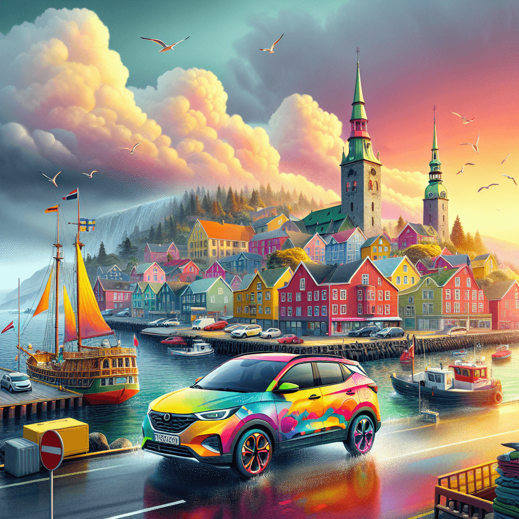 Stadt Auto in farbenfroher Haugesund-Landschaft, Masten und Leuchtturm im Hintergrund
