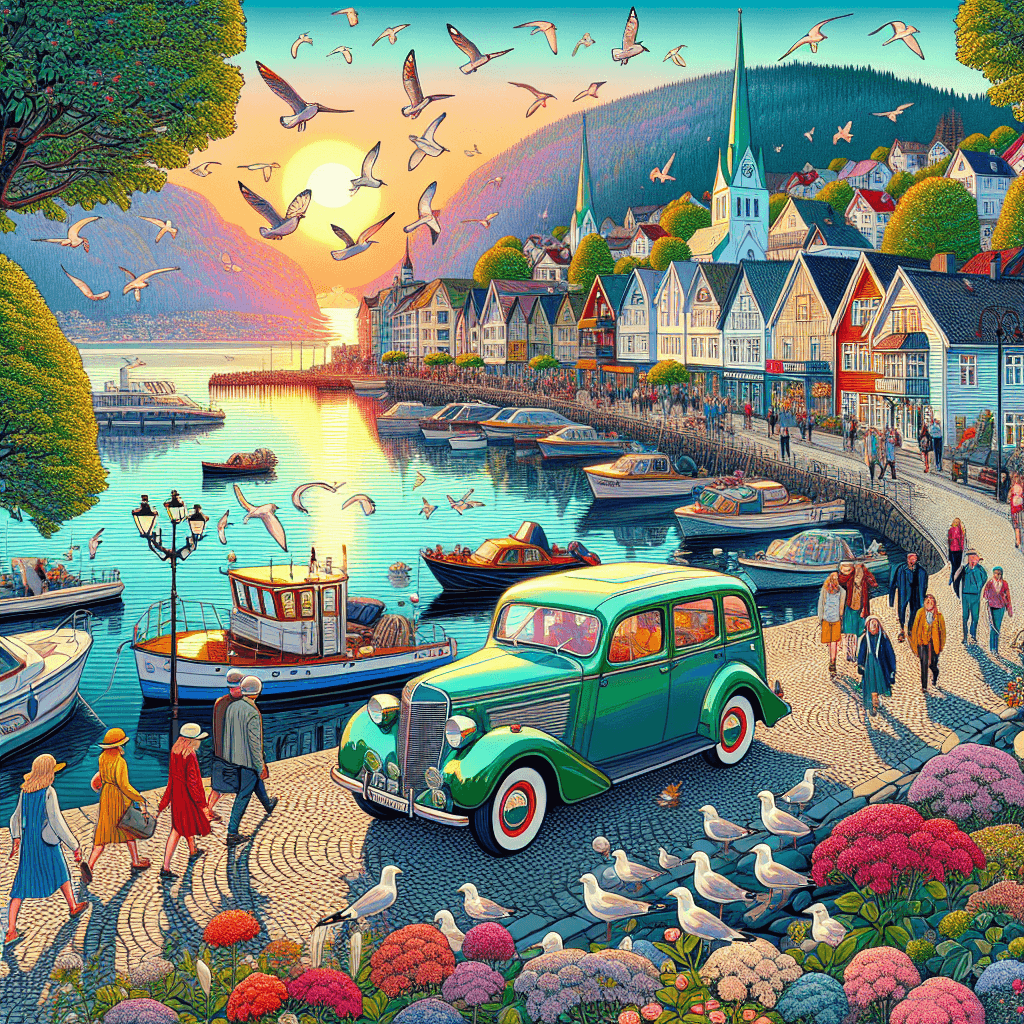 City car in colorful Kristiansand landscape with seagulls, pedestrians, flowers and sunset.