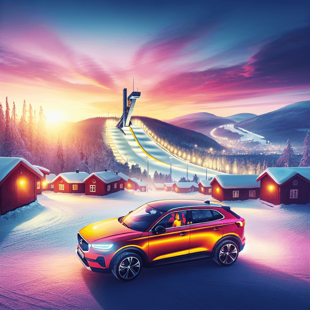 City car parked near Lillehammer's ski jump, dawn sky backdrop