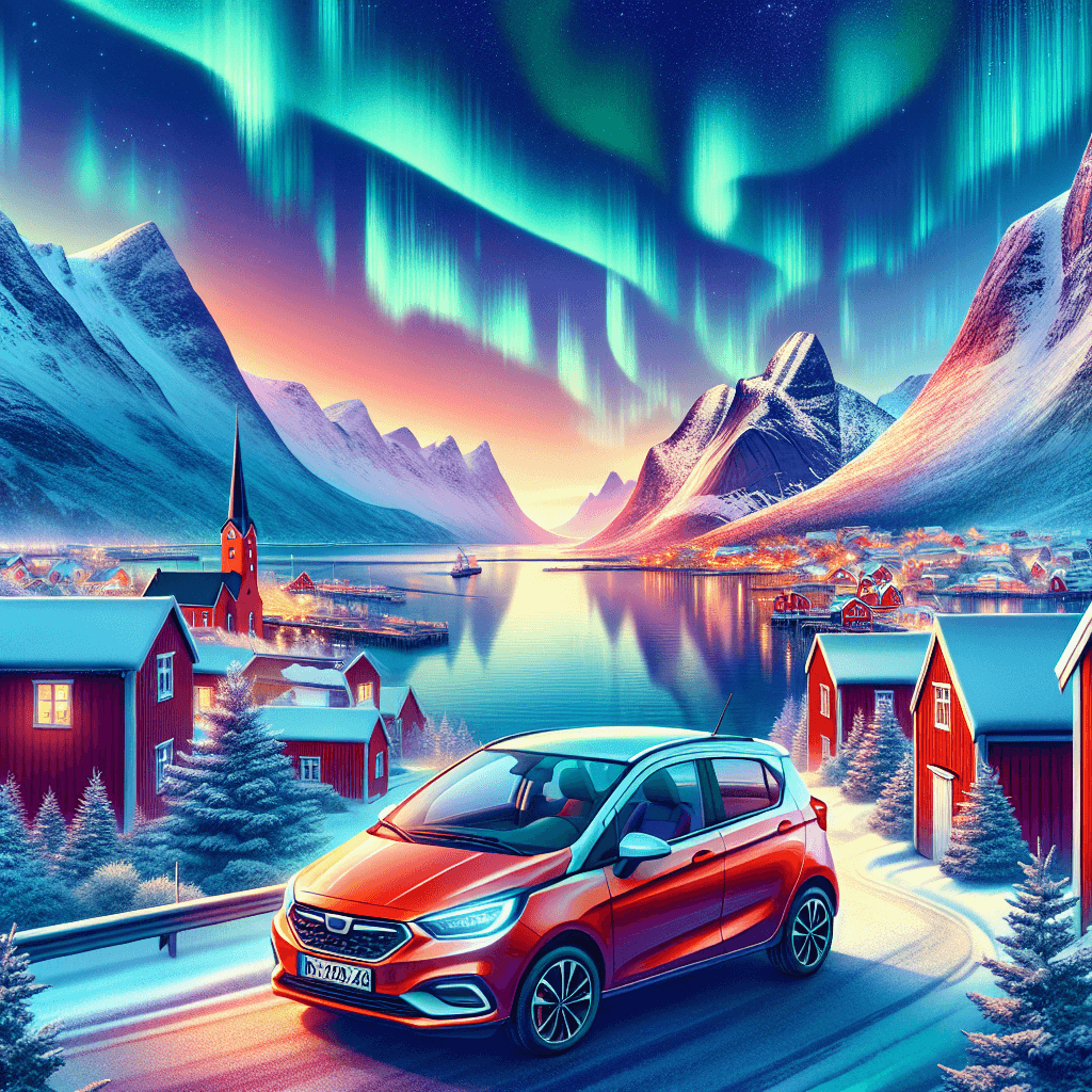 City car on Narvik’s landscape featuring northern lights, fjord
