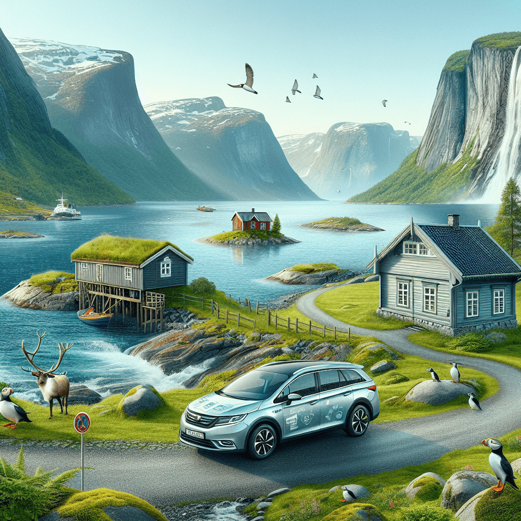 Urban car against Norway's picturesque landscape, including waterfall, reindeers and puffins.