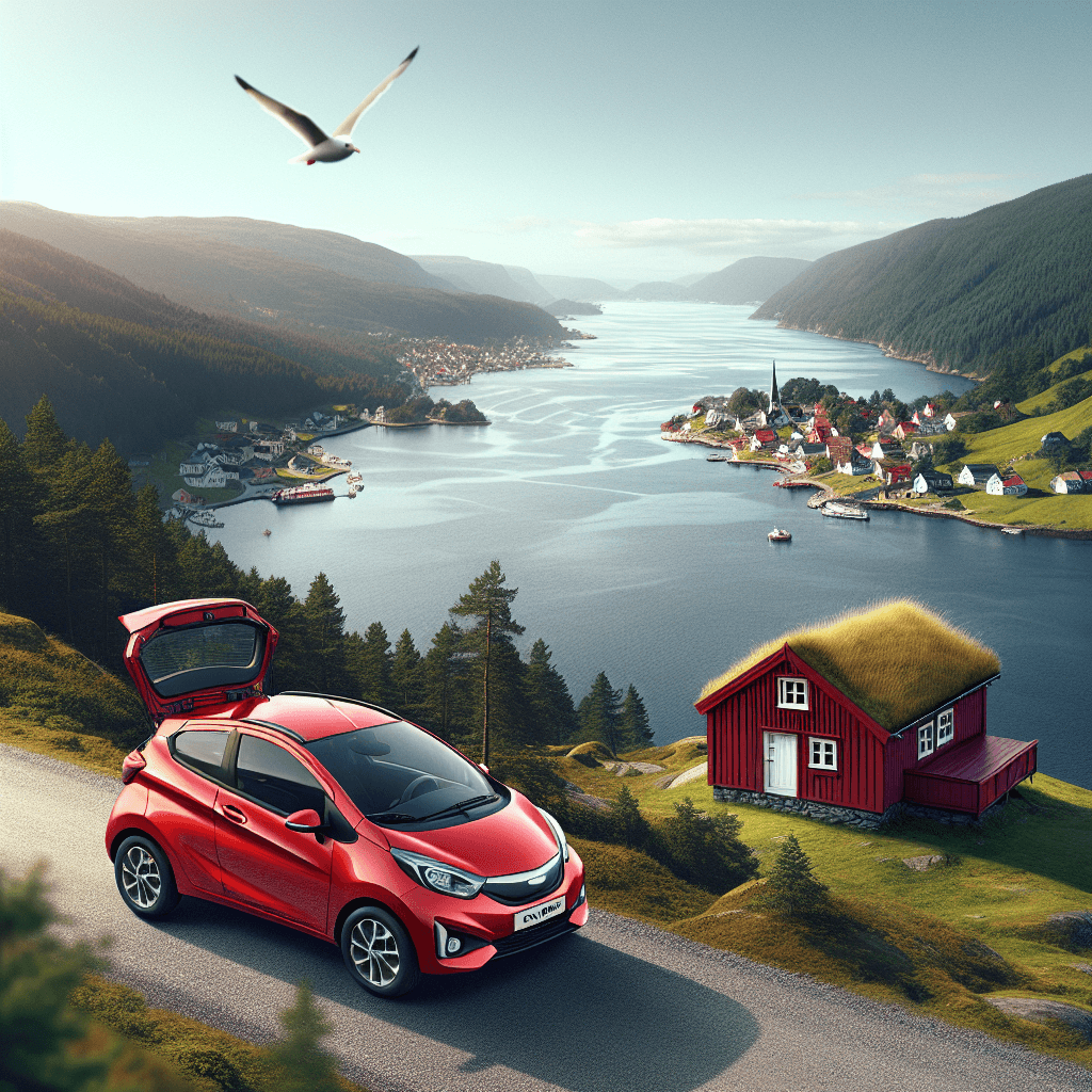 Rotes Auto vor Fjord, mit Holzhütte, Wald und fliegender Möwe
