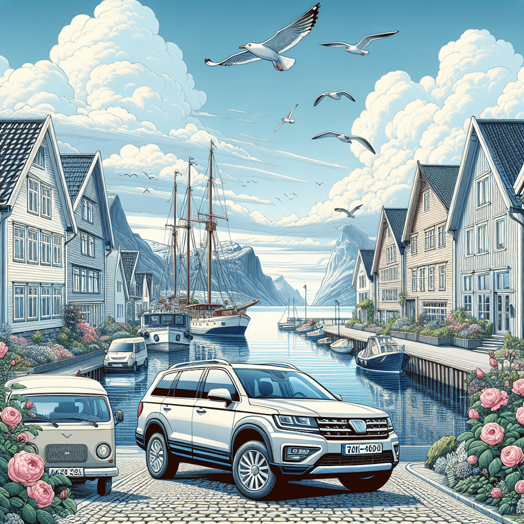 City car in Stavanger with harbor view, flying seagulls and blooming roses
