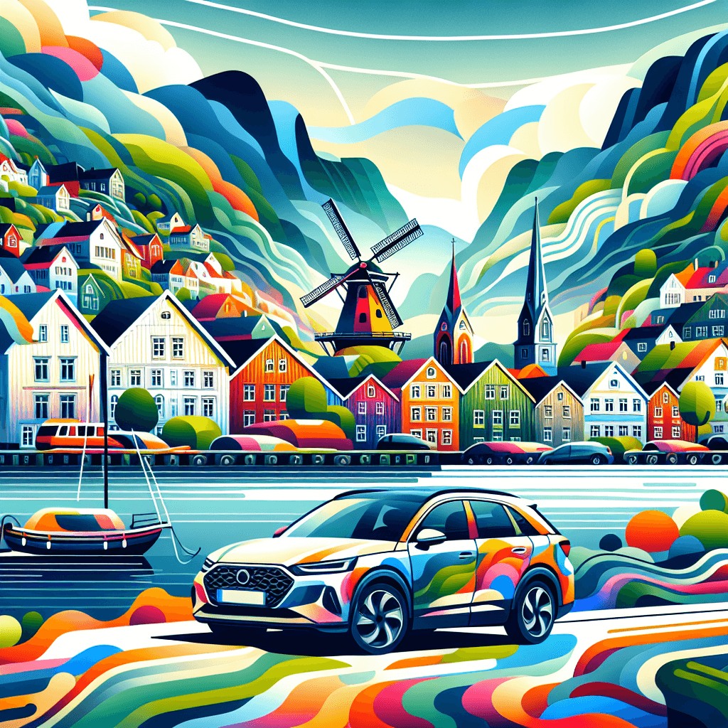 Stadtauto, farbenfrohe Häuser, Windmühle, üppige Grünanlagen, atemberaubender Fjord