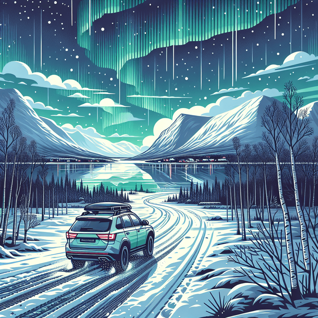 Urban car amidst fjords and snowy mountains, Northern Lights in the backdrop