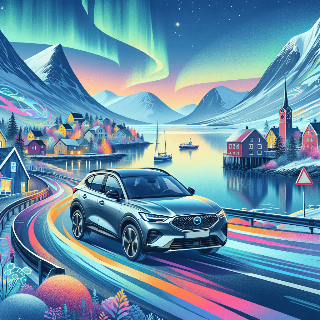 Auto moderno attraversa paesaggi innevati con aurore boreali