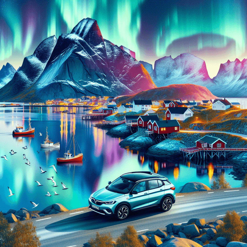Une voiture en ville, aurore boréale, bateaux, maisons norvégiennes