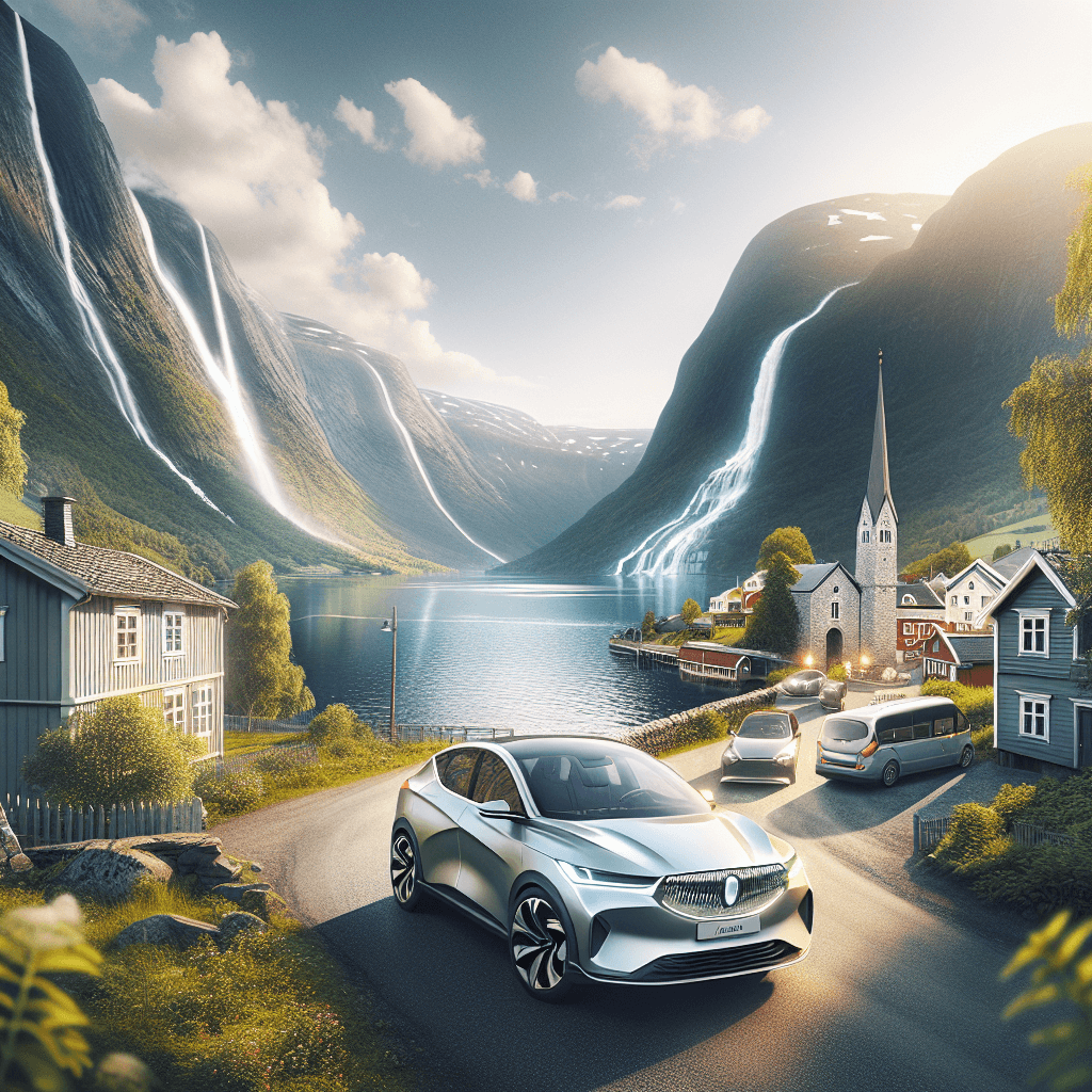 City car amidst Voss landscapes, capturing mountains, waterfall and local houses