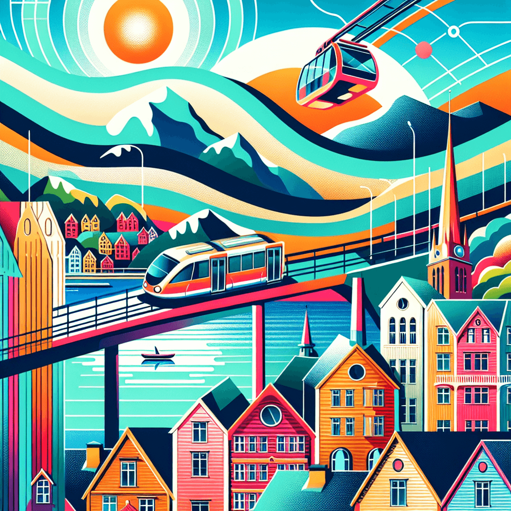 Voiture en ville, montagnes, funiculaire, maisons colorées, fiordo