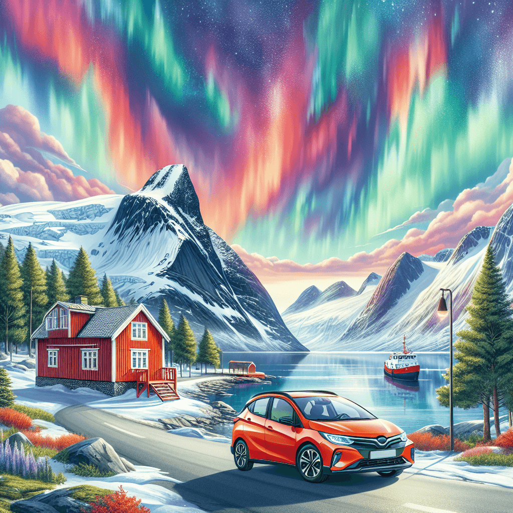 Auto in montagne innevate, fiordo, cabaña rossa, aurora boreale