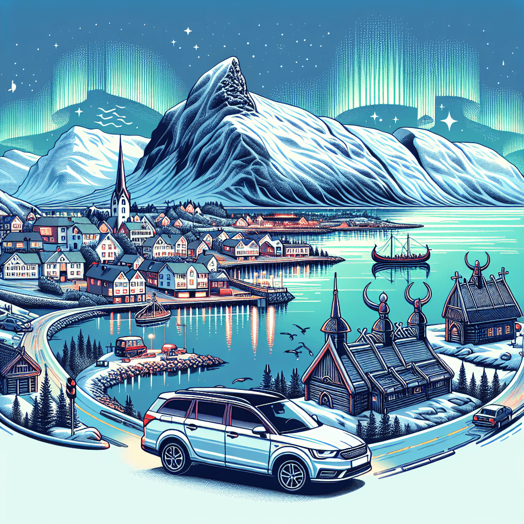Coche en Tromsø con auroras, montañas nevadas y vikingas